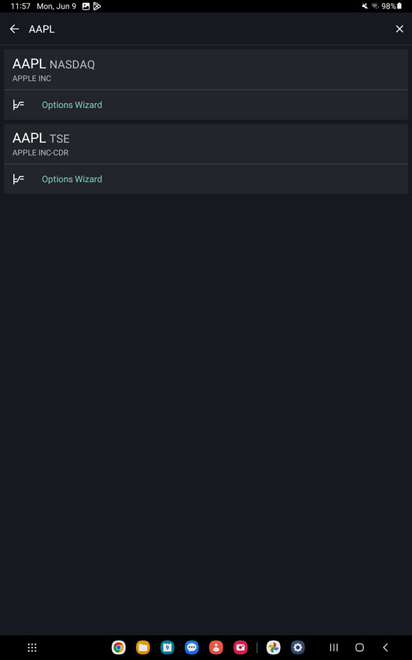 The option wizard search intrument page on the Android Tablet